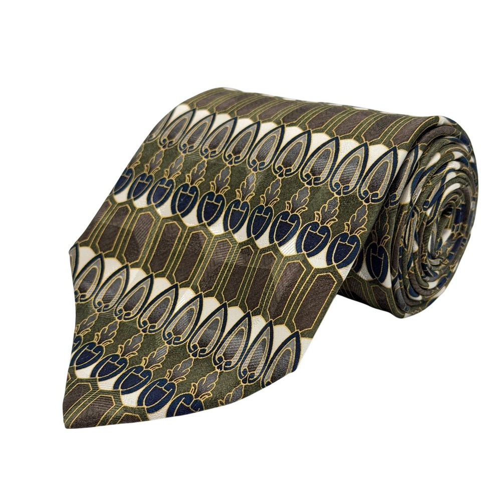 Principe Silk Geometric Tie Mens Olive Green Blue Gold Made in USA 56.5"L 3.75'W